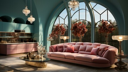 Canvas Print - Pink sofa in a blue room with large windows