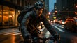 Cyclist riding in the city at night