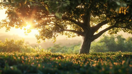 Canvas Print - Sunlight filtering through tree branches in field