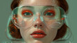 This artistic portrayal showcases a woman with striking features, wearing large translucent glasses against a retro-inspired backdrop, blending a sense of nostalgia with futuristic surrealism