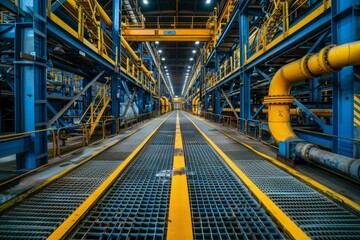 Wall Mural - An industrial interior with blue and yellow pipes and walkways