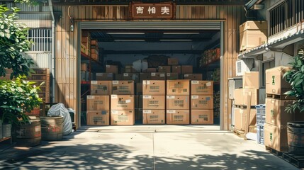 Wall Mural - Anime style illustration of a warehouse full of boxes