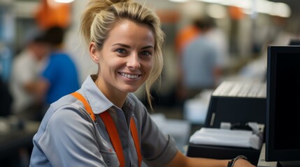 Wall Mural - Portrait of a smiling female employee in a warehouse