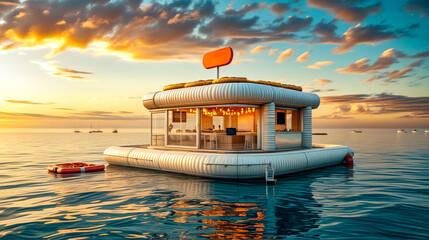 Wall Mural - Houseboat floating on top of body of water with sunset in the background.