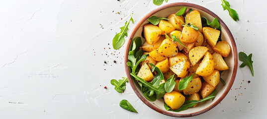 Wall Mural - Bowl of delicious potato salad with greens on white background