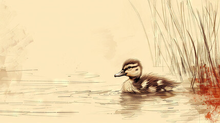 Sticker -   A duck glides atop a serene body of water beside a lush, grass-covered shoreline