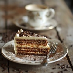 A delicious slice of cake on a plate with a fork and cup of coffee in the background