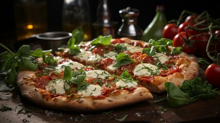 half pizza on a wooden table with basil and tomatoes in the background