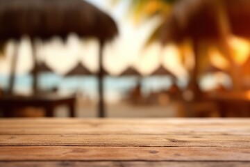 Sticker - A photo of an empty wooden table with a tiki beach bar blurred background Generative AI