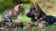   A Kitten Plays With A Puppy On A Grassy Area Near A Tree Stump In The Foreground