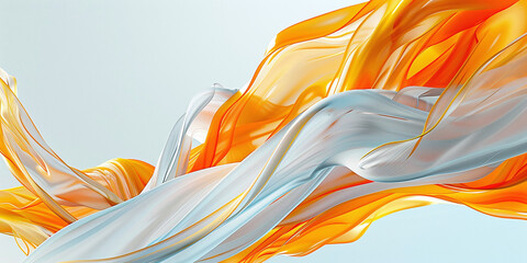 Poster - Abstract liquid art background with orange and white colors, smooth curves and waves in the air on a blue background