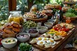 A lavish brunch spread featuring an assortment of pastries, fresh vegetables, eggs, and juices on a rustic wooden table.