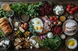 A bountiful brunch spread featuring an array of dishes, including pastries, eggs, meats, cheeses, and fresh vegetables on a wooden table.