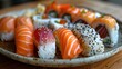 Plate of Sushi on Wooden Table