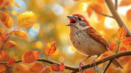 Wall Mural -   A bird perched on a tree branch with vibrant autumn foliage in the foreground and a warm blend of yellow, orange, and green leaves in the backdrop