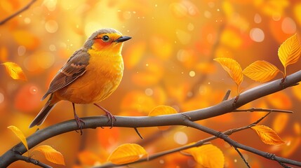 Wall Mural -   Bird on Branch Oranges, yellows in foreground Bright yellow sky