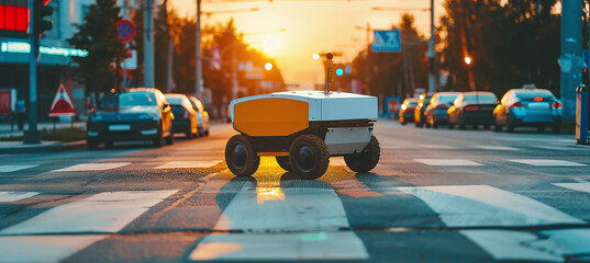 Wall Mural - A delivery robot on the city streets fulfills delivery orders automatically. An unmanned robot crosses the road at a pedestrian crossing when the traffic light is green