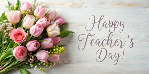 Sticker - happy teachers day greeting card with flowers on a white background