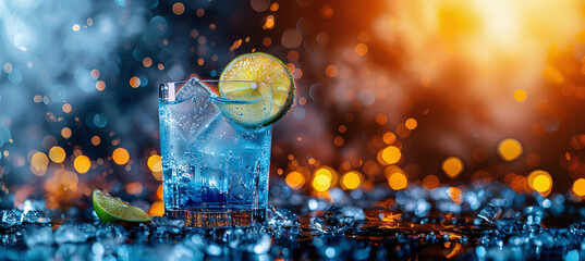 Wall Mural - A refreshing drink or cocktail with ice, garnished with a slice of lime.