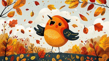 Wall Mural -   A bird atop a hill, surrounded by autumn leaves falling from trees