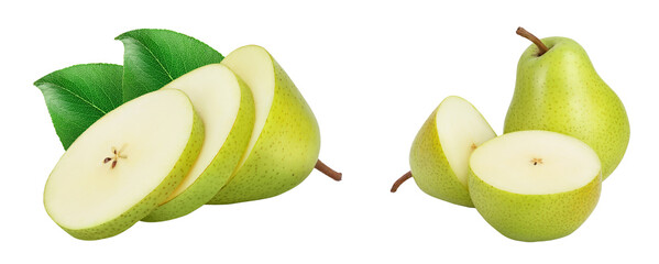 Wall Mural - Green pear fruit slices isolated on white background with full depth of field