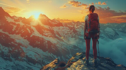 Wall Mural - Woman Sitting on Top of a Mountain With a Backpack