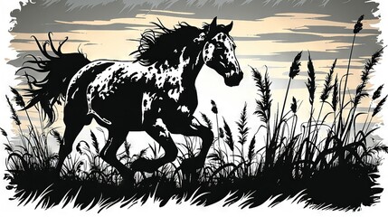 Wall Mural -   A monochrome illustration depicts a galloping steed amidst lush green blades, with a radiant sunset backdrop