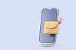 Unread messages in mobile application. Smartphone and close envelope with notification with copy space. Receiving business correspondence, newsletter or spam. 3d rendered illustration