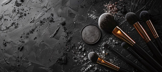 Fototapete - collection of makeup brushes and eye shadows on a black surface