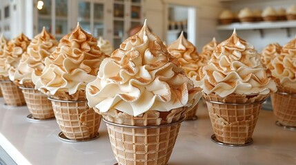 Poster -   A set of ice cream cones arranged on a white countertop beside one another