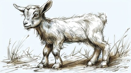 Sticker -   A goat perched atop a field of dried grass, beneath a light blue sky