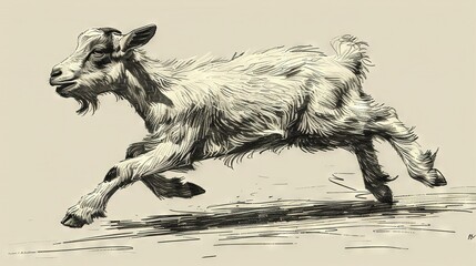 Wall Mural -   A monochrome illustration depicts a goat leaping on the ground with its forelimbs lifted