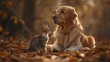 © Olga - A cat sits beside a dog on the ground surrounded by fallen leaves scattered throughout the area