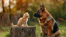   A Dog And Cat Sit Together On A Tree Stump Amidst Grass And Trees In The Background