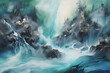 Coastal Calmness Cascades, abstract landscape art, painting background, wallpaper, generative ai