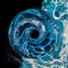 Wall Mural - A stunning high-quality photo of a blue water swirl splash, against a black background. The swirl has a spiraling motion, with droplets of water gleaming in the light. The water's rich blue hue contra