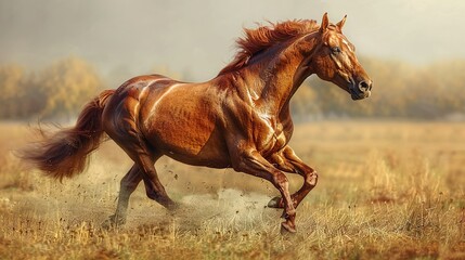 Canvas Print -   Brown horse runs in grassy field with trees in background and foggy air