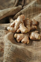Wall Mural - ginger on burlap background. selective focus