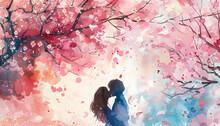Whimsical Watercolor Scene Of A Couple Sharing A Kiss Under A Canopy Of Cherry Blossoms In Springar7 Generative AI