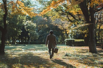 Poster - A lone businessman strolls through a peaceful park in autumn, surrounded by the golden hues of falling leaves