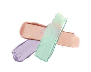 Poster - Strokes of pink, green and purple color correcting concealers on white background, top view