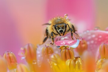 Poster - Vivid macro shot of a bee collecting nectar on a vibrant flower, showcasing nature's beauty and intricacy