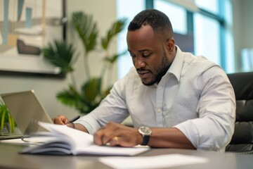 Poster - A man in business attire writes notes next to a laptop, suggesting a scene of modern professional work