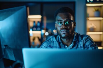 Wall Mural - A man facing away, engrossed in work on a computer late at night, highlighting dedication