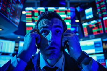Aufkleber - A stock trader shows intense concern while analyzing market data on multiple screens with urgency