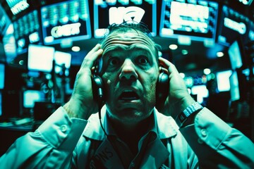 Aufkleber - A stock trader is visibly stressed amidst the chaotic environment of a stock trading room, highlighting the pressures of the financial industry