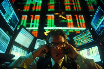 Aufkleber - A finance professional making a call, concealed face, in a trading command center