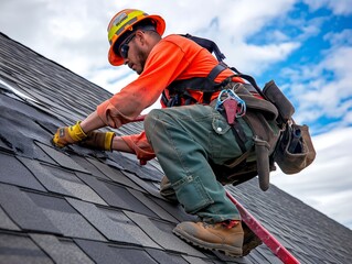 A man in a hard hat and orange shirt is working on a roof. He is wearing a harness and has a tool belt on