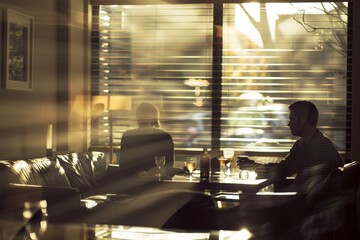 Poster - A mysterious ambiance as a silhouette appears behind window blinds, sun illuminating the room