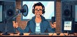 a voice actor male recording in a sound booth, 2d, flat, illustration, solid color.